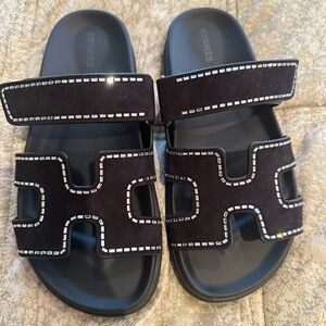 Hermès Chypre Black crystal Sandals with Silver Accents 38